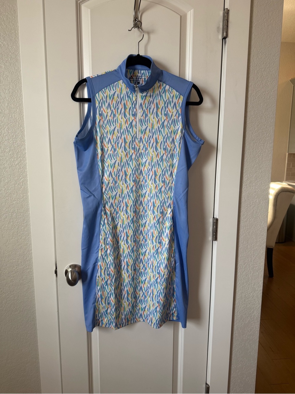 Sleeveless Light Blue Print-Front Active Dress with Zip